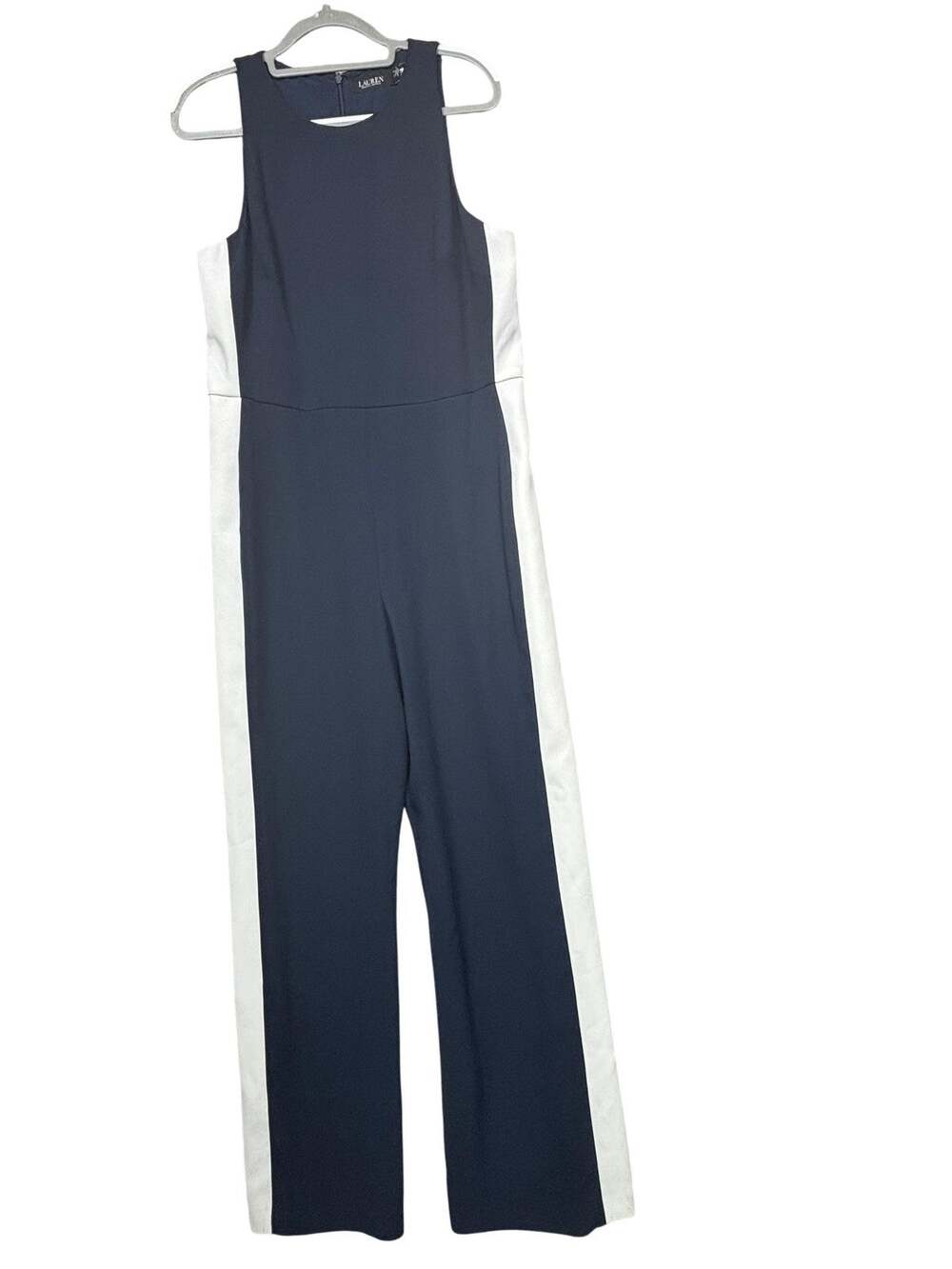 Lauren Ralph Lauren Jumpsuit Womens 14 Blue Colorblock Sleeveless Wide Leg Zip